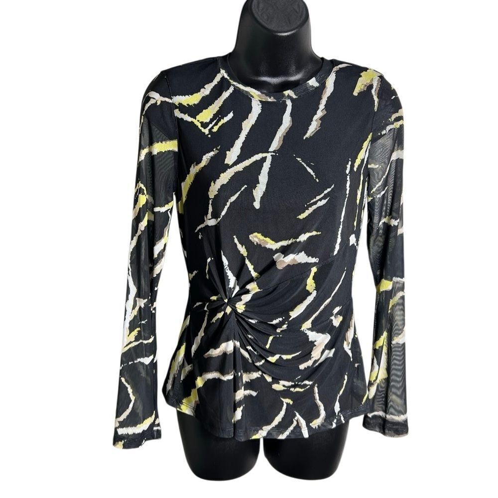 DKNY Abstract Print Ruched Top Long Sleeve Sheer Size Petite Medium
